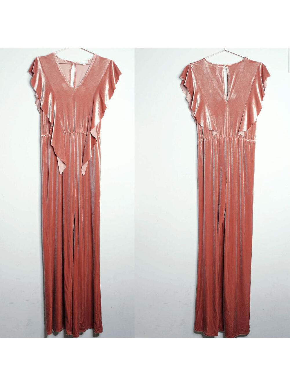 Leith Apricot Velvet Wide Leg Ruffle Retro Boho Jumpsuit - S
